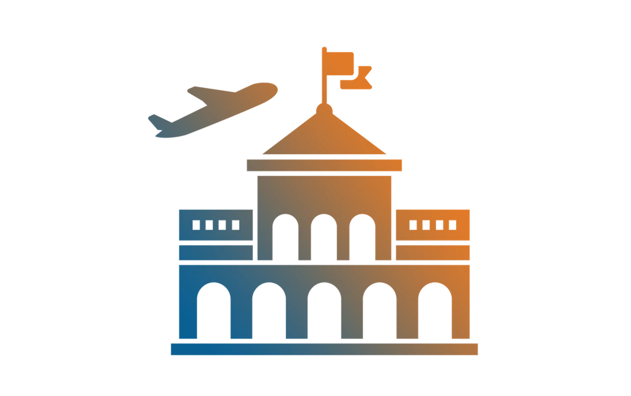 Icon of an airplane flying above a university building, representing Najah Abu Dhabi’s 100+ universities and international study pavilions.