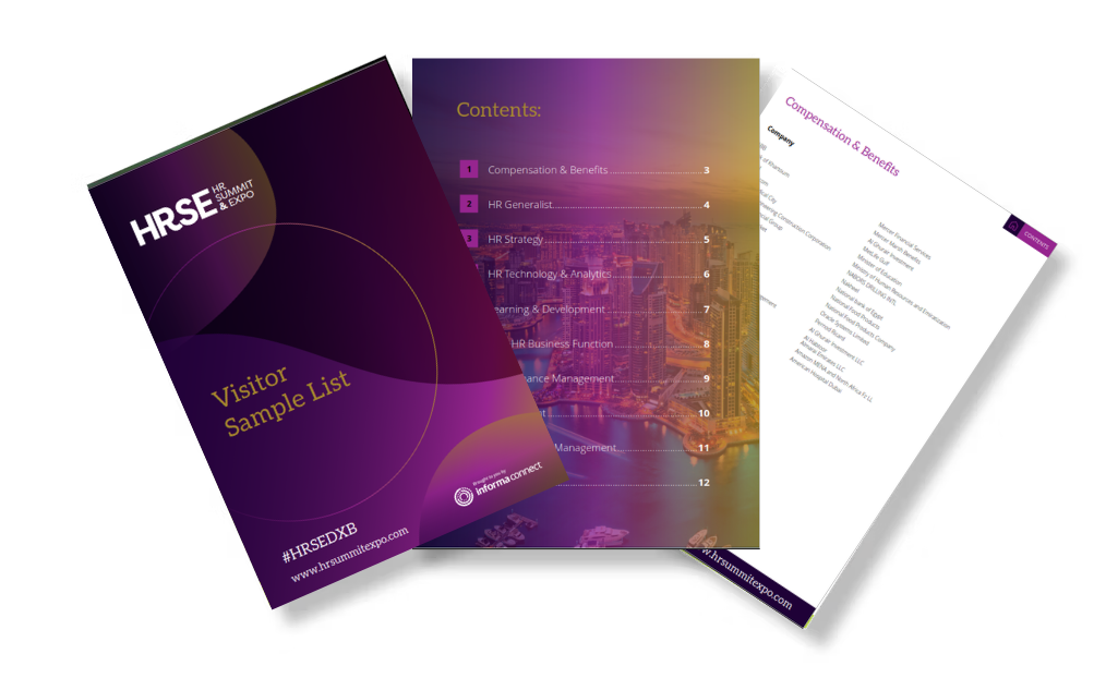 HRSE Dubai (HR Summit & Expo) Visitor Sample List brochure showing attendee categories such as Compensation & Benefits, HR Strategy, Technology & Analytics, Learning & Development, and more.