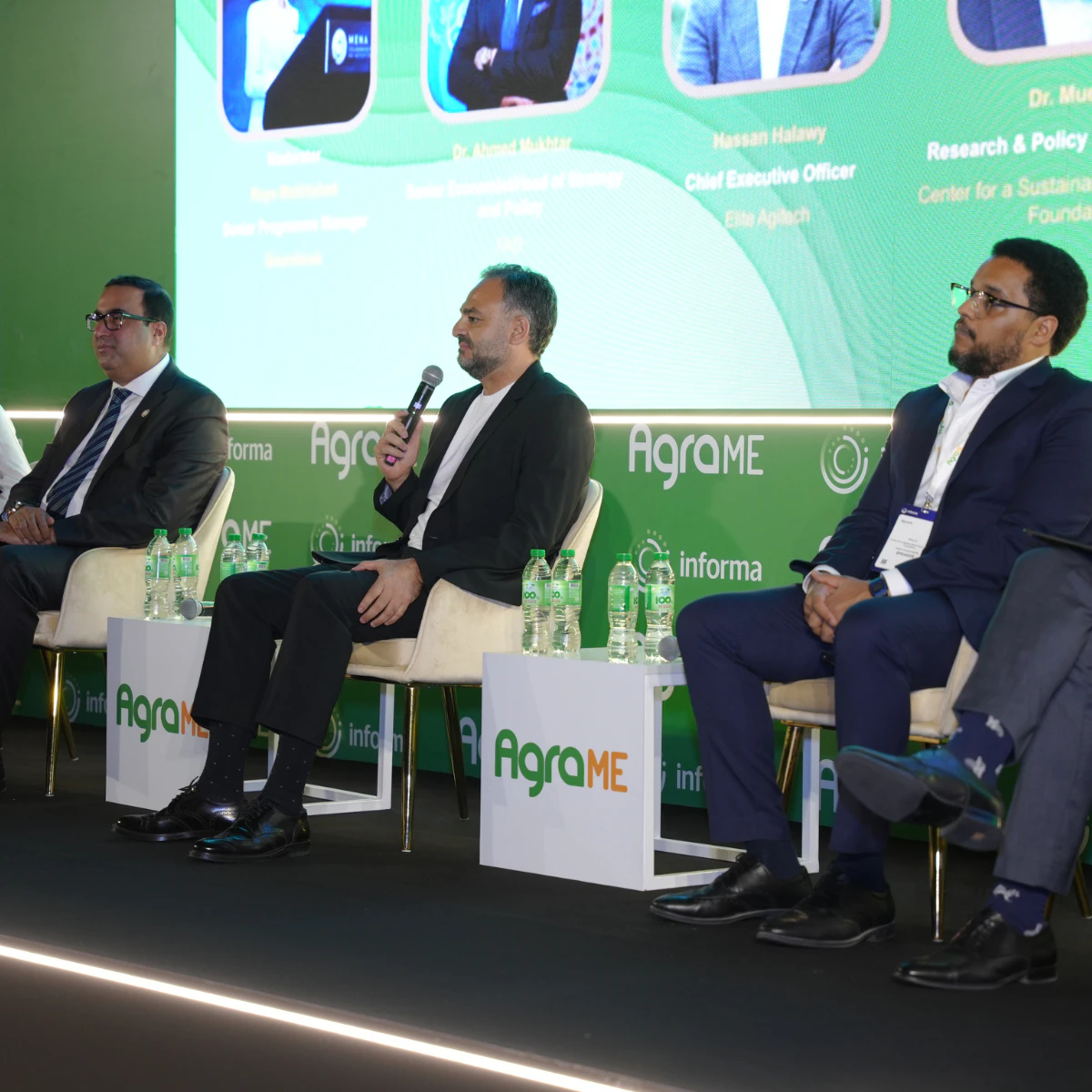 Industry leaders participating in a panel discussion on agriculture innovation at Growtech Middle East