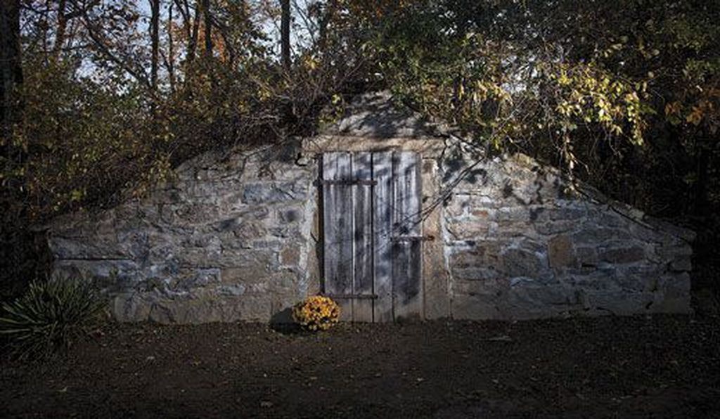 A wooden door with flowers outside of it built into a stone structure with trees surrounding