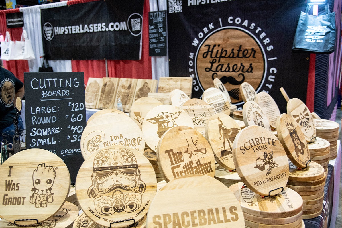 A variety of laser engraved coasters