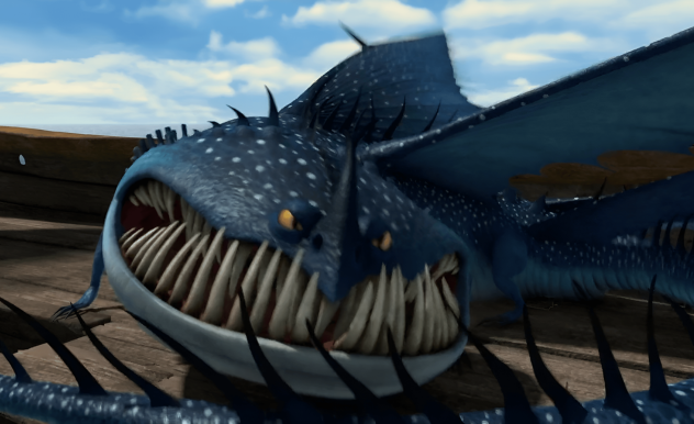 A large, serpent-like dragon slithers, large teeth bared as they move.