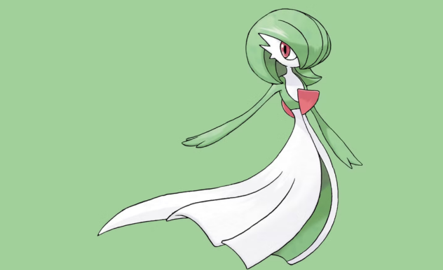 Gardevoir floats along a clean moss green background