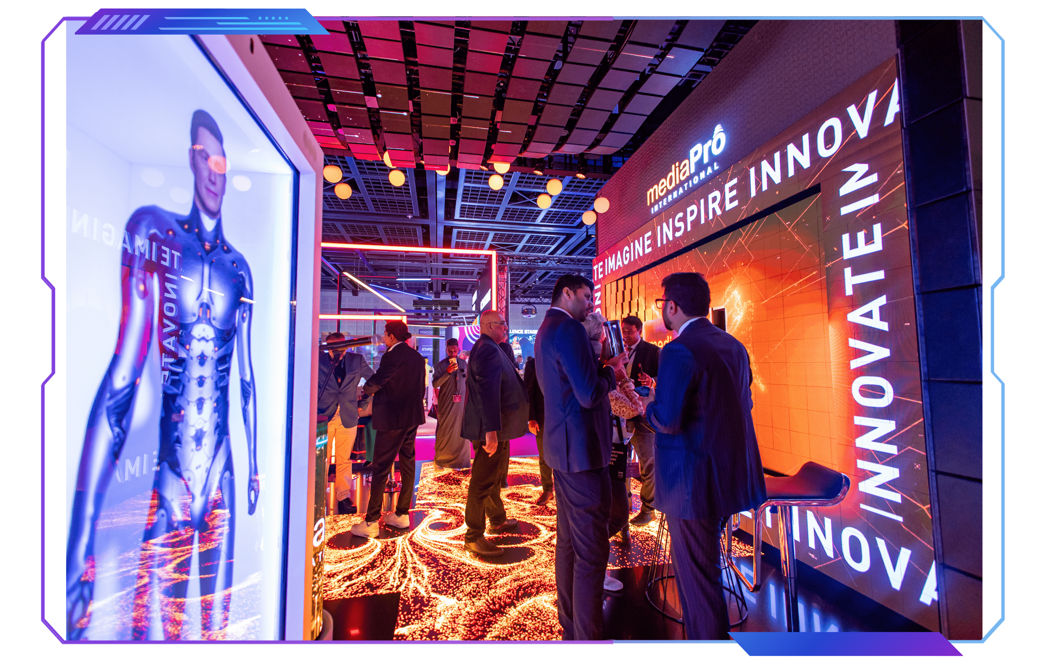 Attendees interacting with immersive tech displays at MEES 2026, showcasing cutting-edge tools and services.