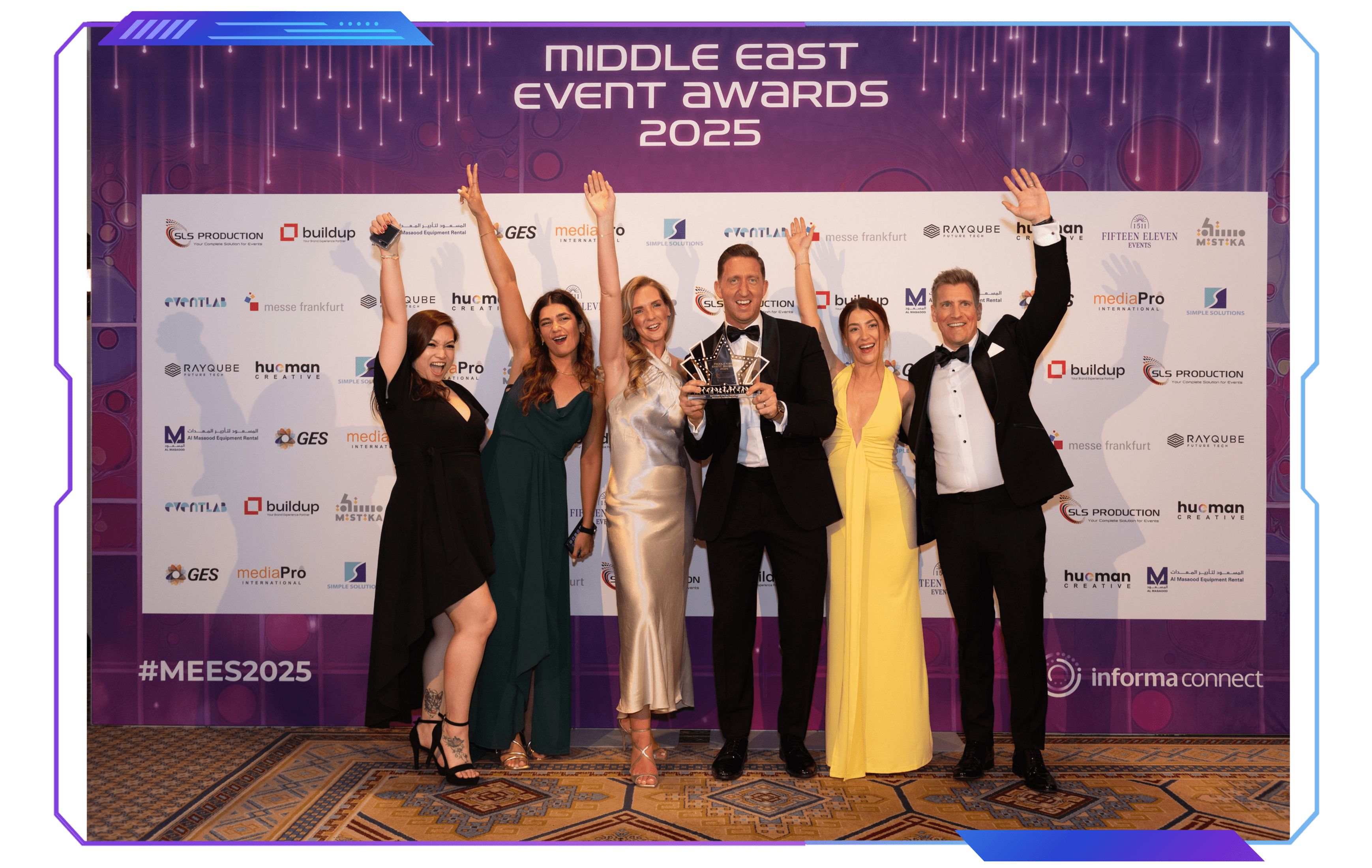 Winners celebrating at the Middle East Event Awards gala, honoring excellence in event innovation and execution
