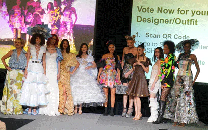 On stage photo of all outfits and models at trashion