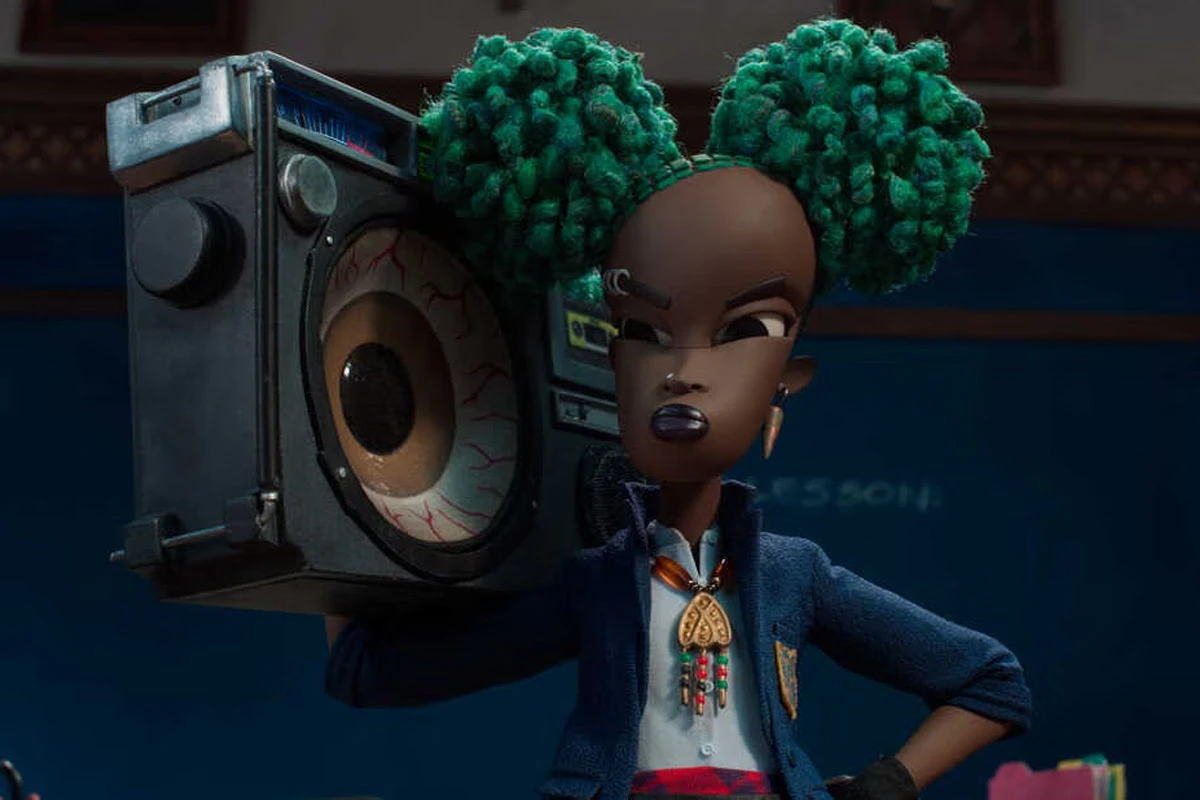 A woman with green hair carrying a giant speaker looks angry at something off screen