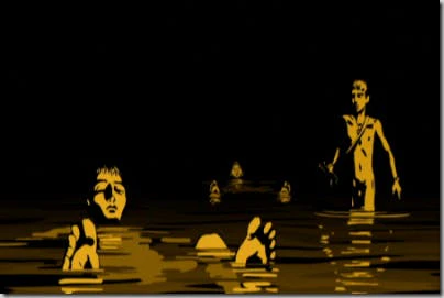 Three characters (2 sitting, 1 standing) are hanging out in a shallow body of water
