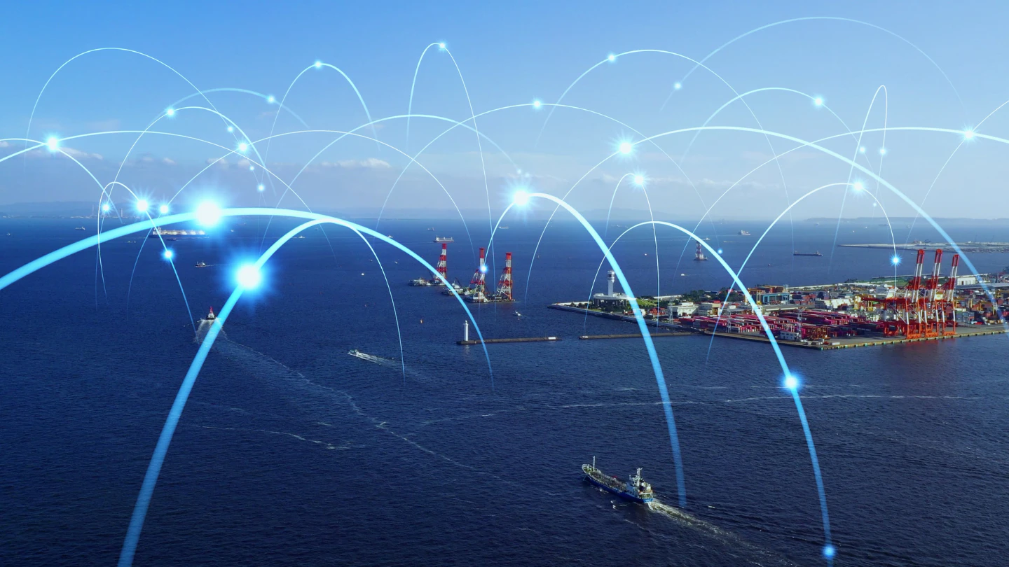 Global shipping network graphic connecting ports worldwide