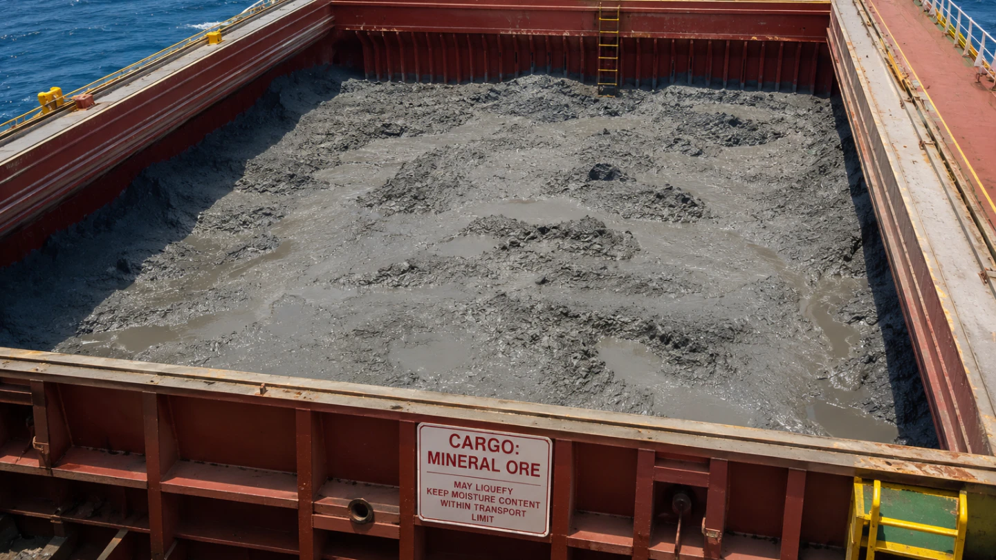 Bulk carrier hold loaded with mineral ore cargo prone to liquefaction
