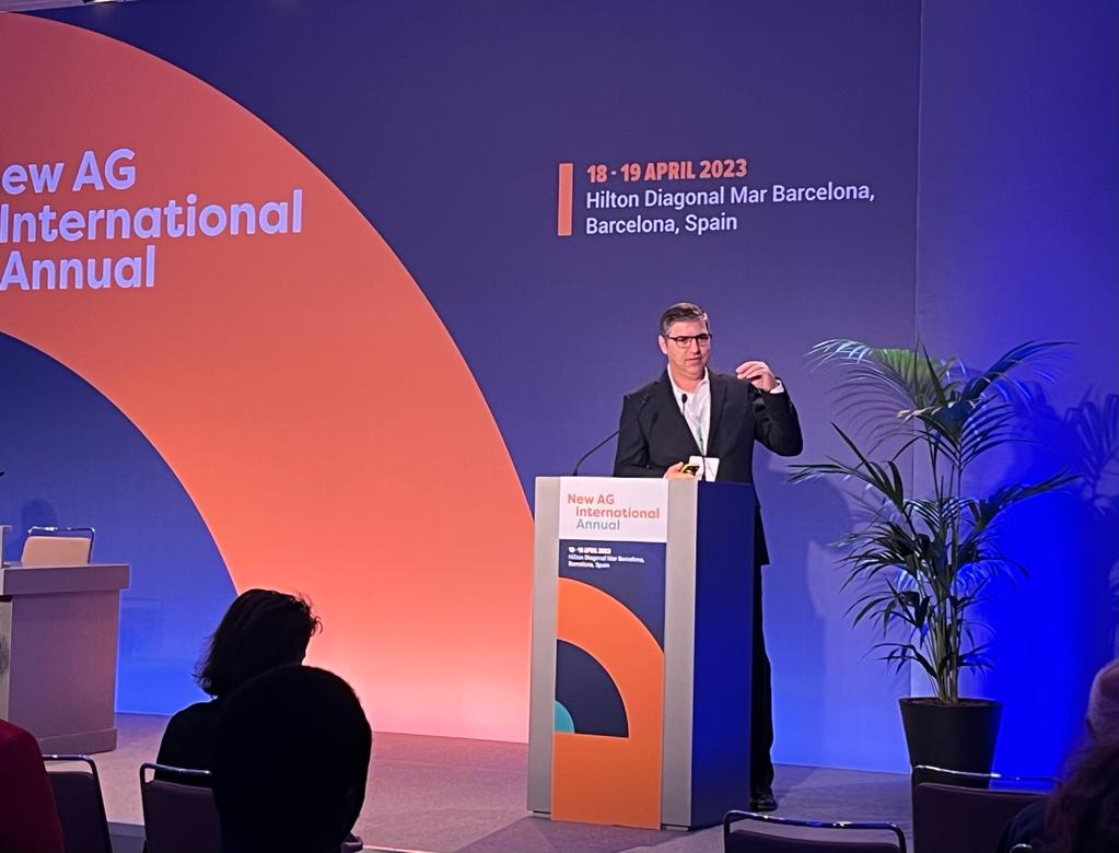 A speaker at the New Ag International Annual event presenting on specialty fertilisers and BioAg innovations to an audience of industry professionals.