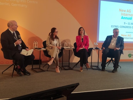 Industry experts discussing BioAg solutions and sustainable agriculture in a panel session at New Ag International Annual 2024.