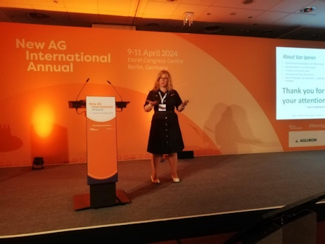 Speaker presenting on specialty fertilisers and BioAg innovations at the New Ag International Annual event 2024.