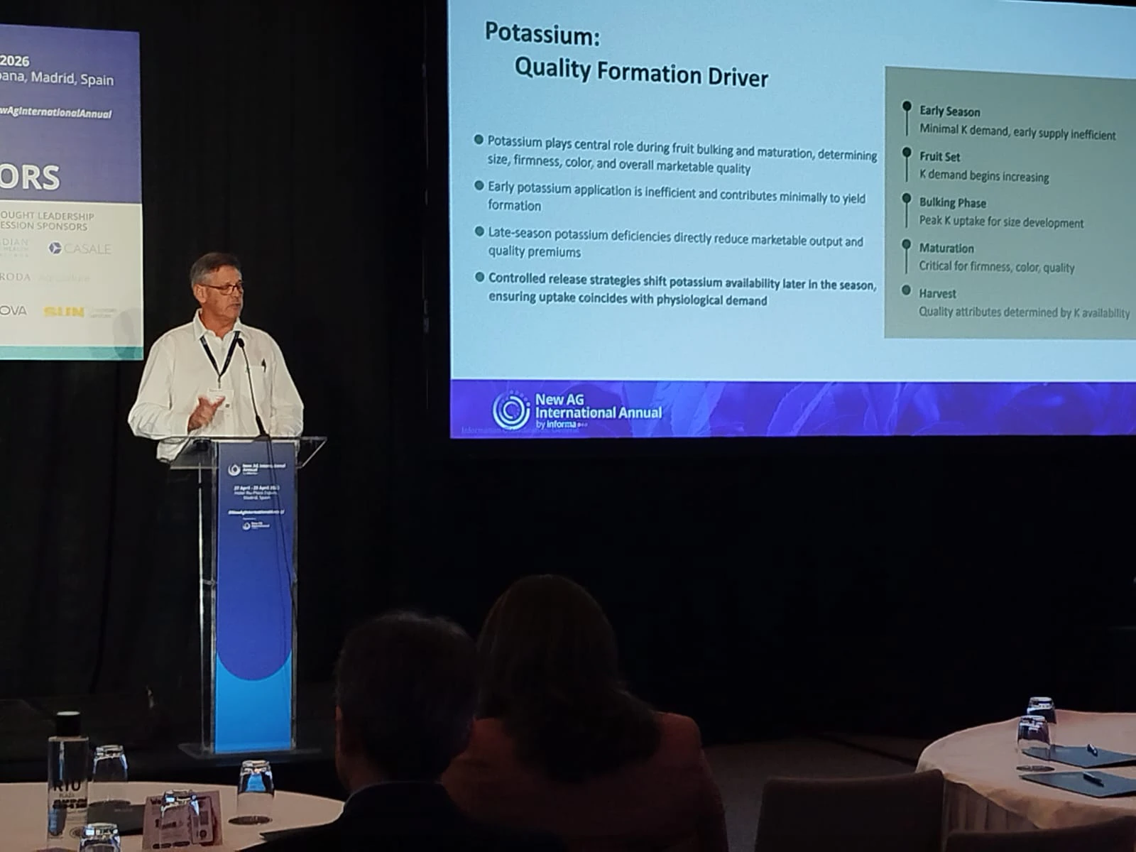 A speaker presents at the New Ag International Annual, delivering insights on specialty fertilisers and BioAg innovations at a scientific session.