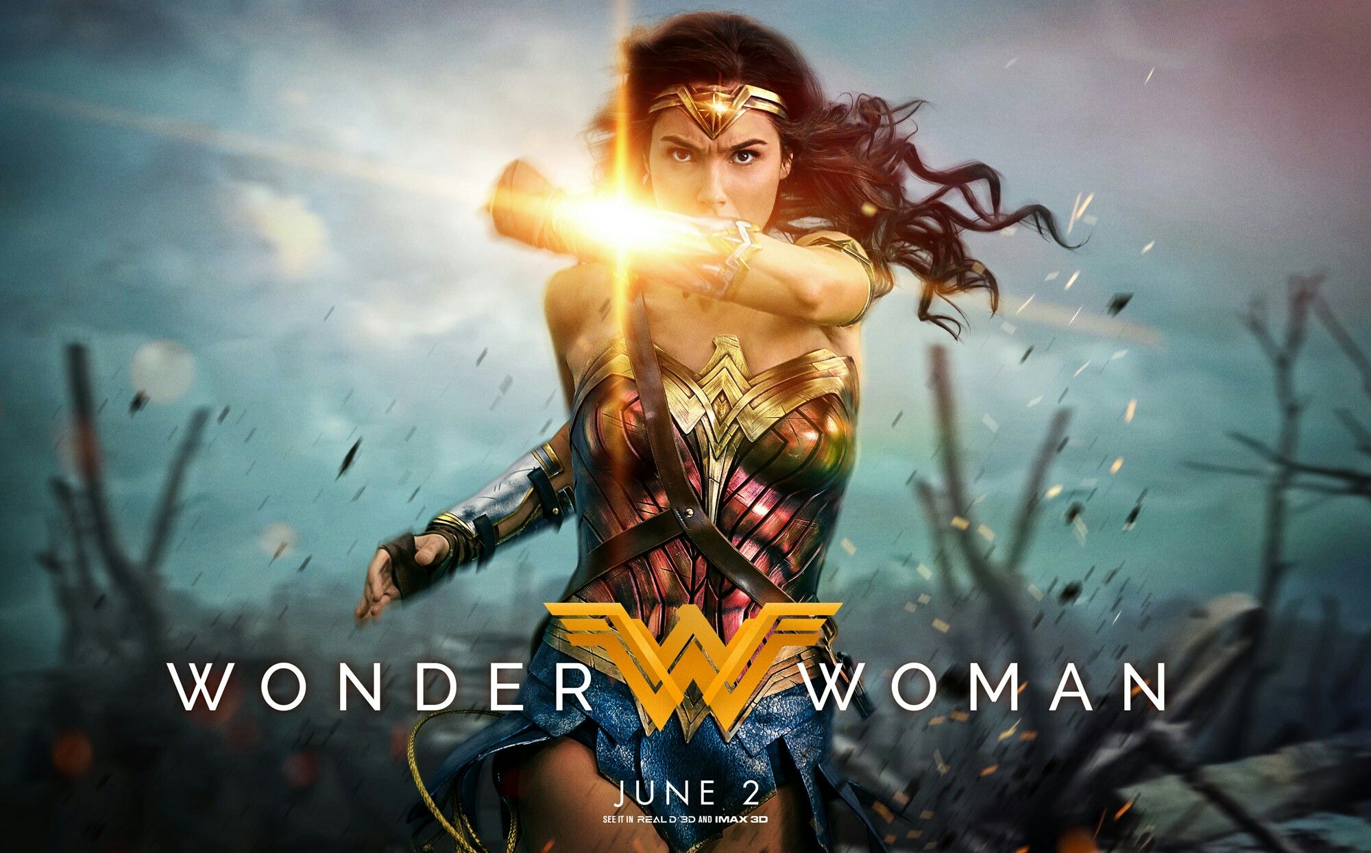 The poster for the theatrical Wonder Woman movie featuring Gal Gadot as Wonder Woman with the logo infront of her