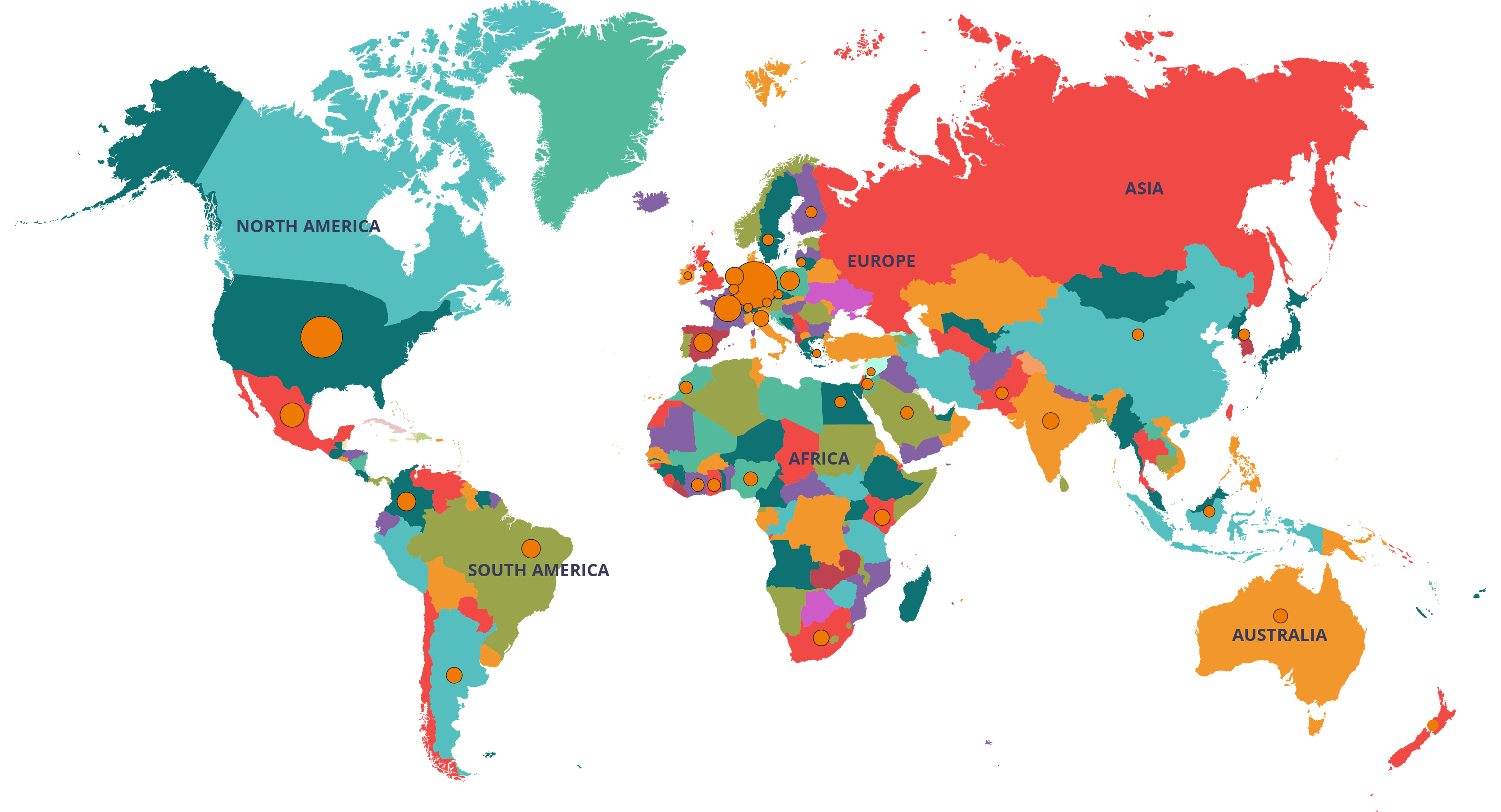 A colourful world map highlighting global participation at the New Ag International Annual event, with attendees from North America, South America, Europe, Africa, Asia, and Australia.