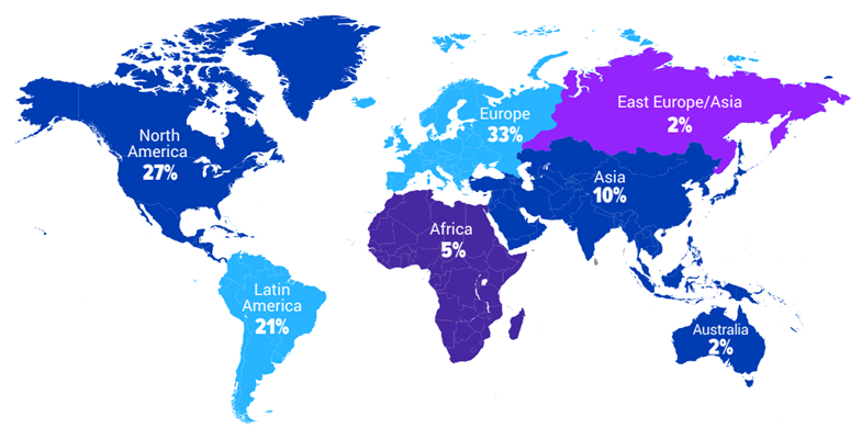 A colourful world map highlighting global participation at the New Ag International Annual event, with attendees from North America, South America, Europe, Africa, Asia, and Australia.