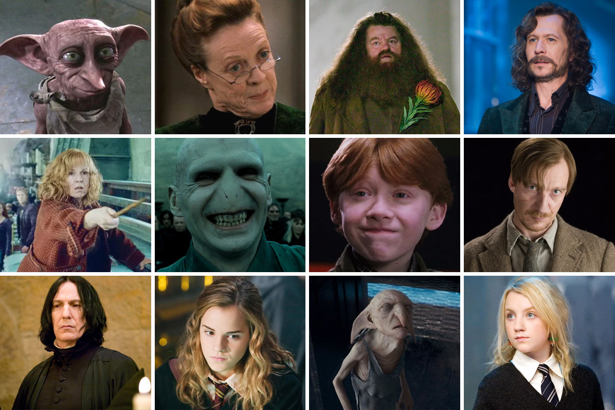 A collage of 12 Harry Potter characters ranging from Dobby to Luna Lovegood