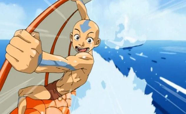 Aang from Avatar the Last Airbender rides a boat on a lake