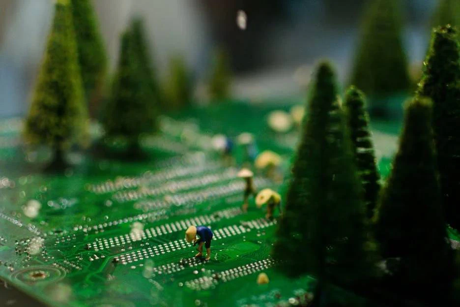 An agricultural field pictured as a motherboard