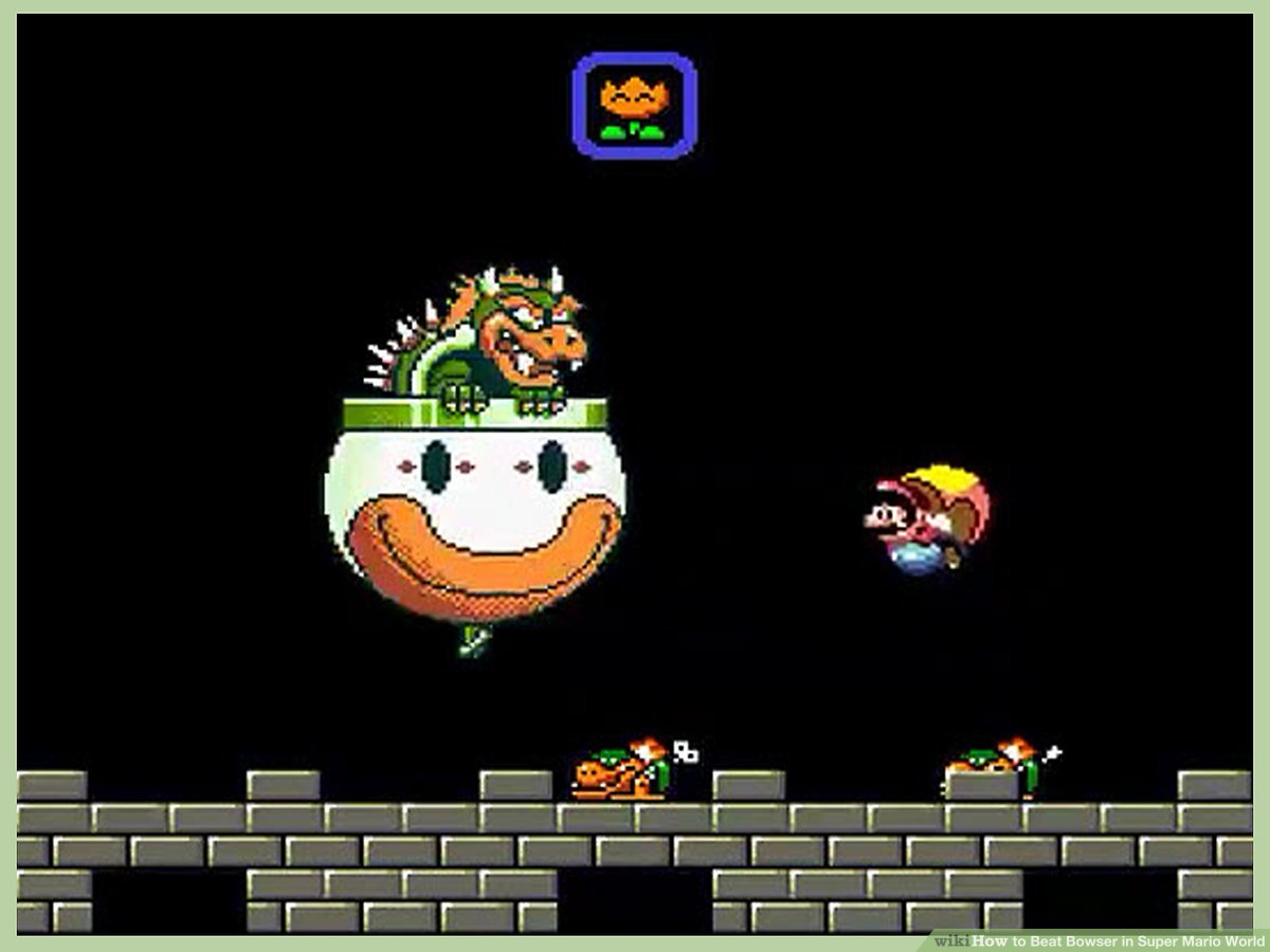 Bowser floats towards Mario, who is using the Magic Cape, in the Koopa Clown Car in the early stages of a face off. Mechakoopas bounce below