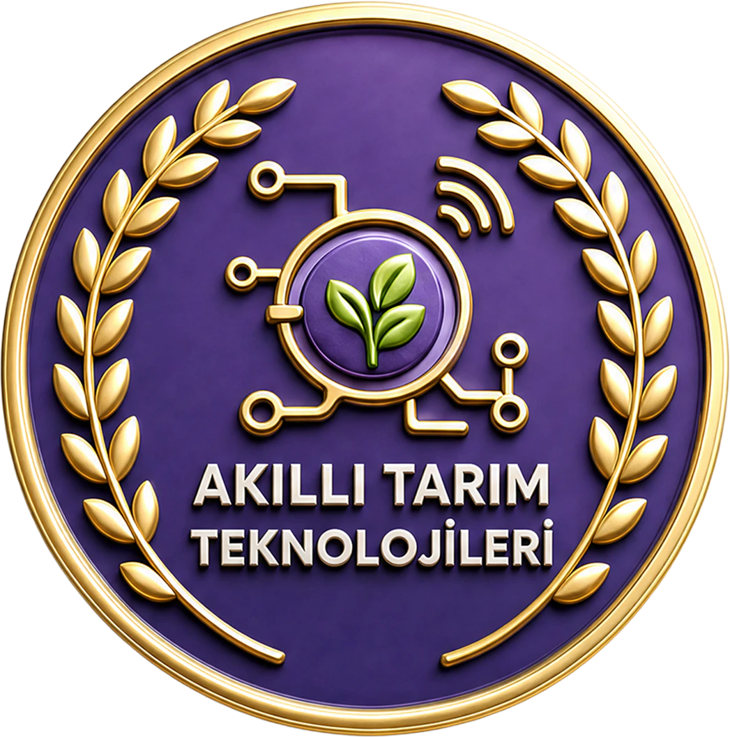 Akıllı Tarım Teknolojileri ödül rozeti – defne dalları arasında bağlantılı tarım simgesi