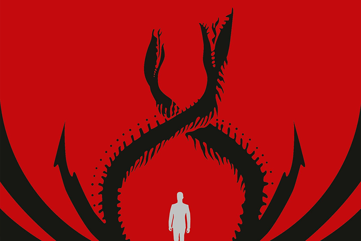 A red background with black snakes in front