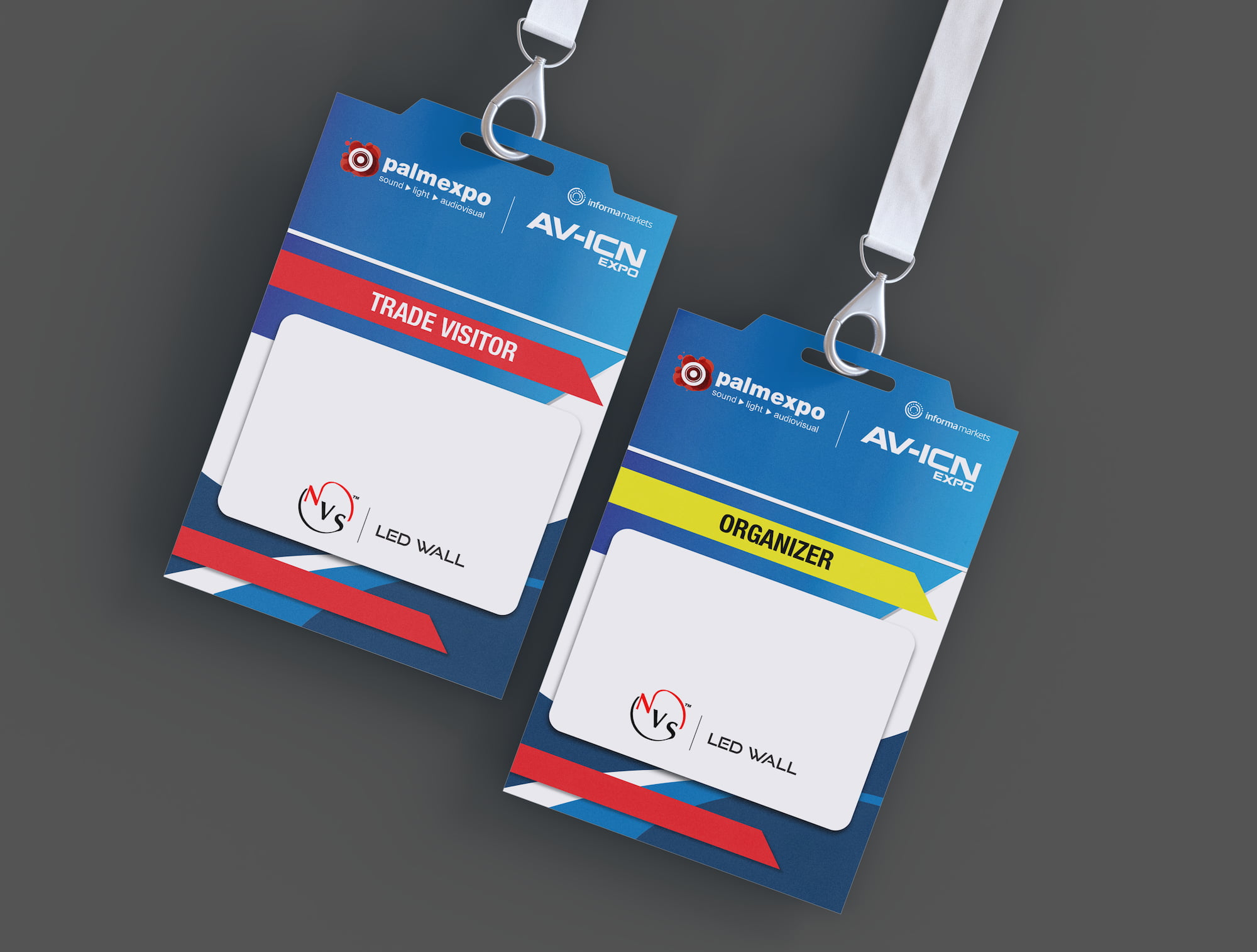 Two event badges for Palmexpo AV-ICN Expo, labeled "Trade Visitor" and "Organizer"