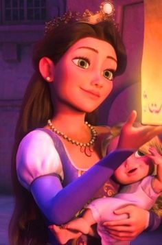 Queen Arianna from Tangled holding baby Rapunzel and a lantern