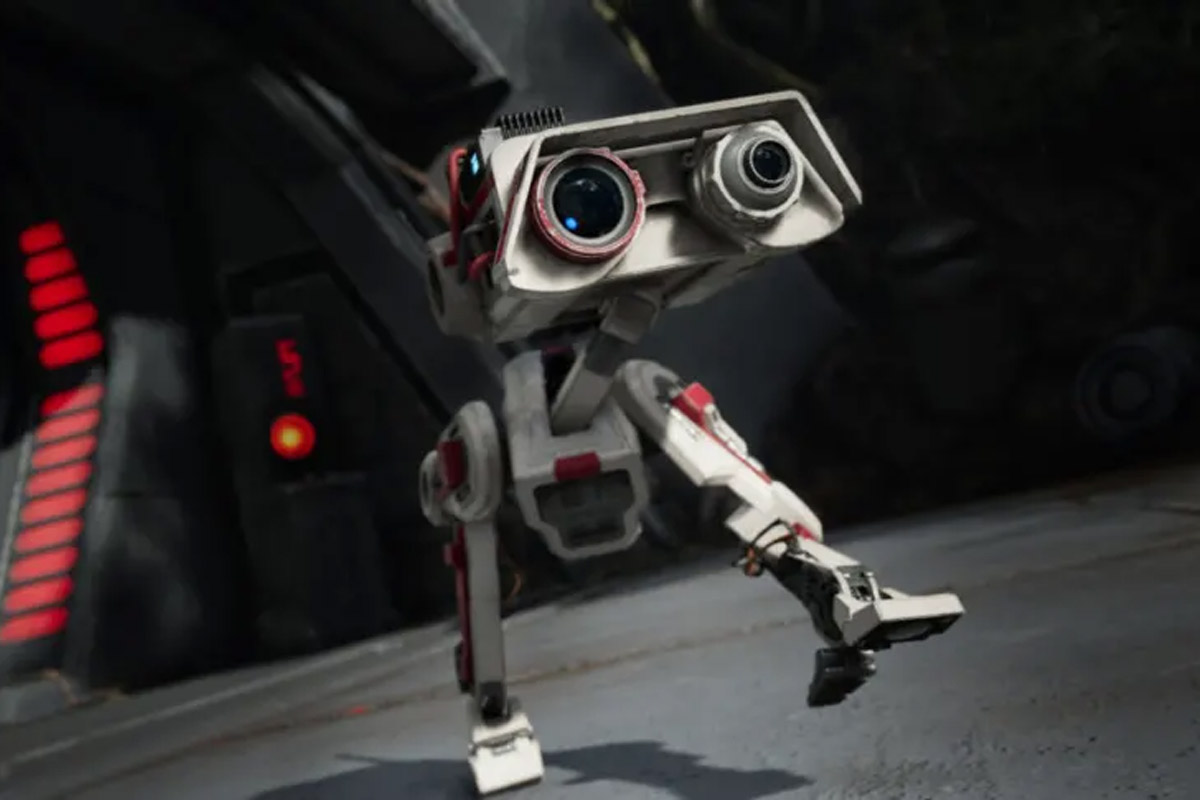 A BD-1 droid in mostly white paint with some red accents walks through a dark hallway