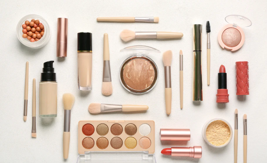 Beauty products, including makeup, brushes, applicators, and other beauty tools