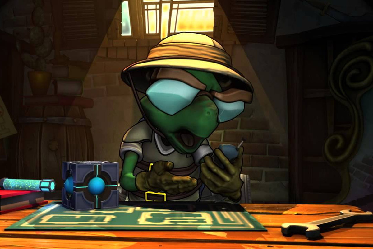 A turtle with glasses on hold a walkie talkie at a desk