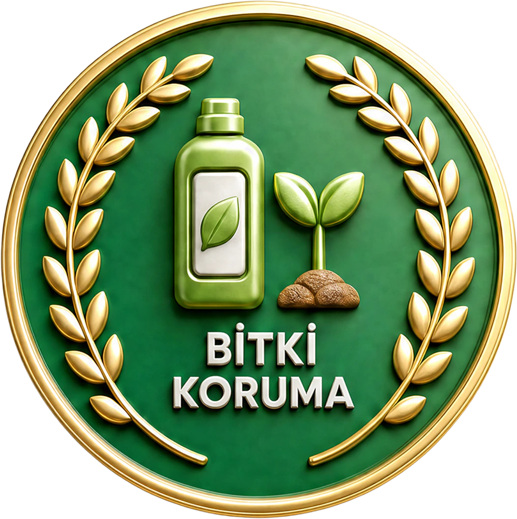 Bitki Koruma kategorisi için ödül simgesi — defne dalları arasında ilaç şişesi ve fide