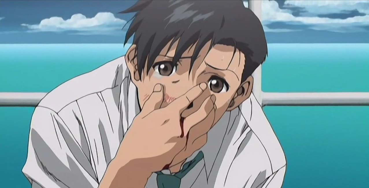 Rokoru holds his face as his nose blleds through his fingers. The water surrounds him.