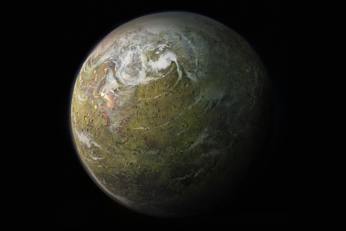 A green and white planet floating in space