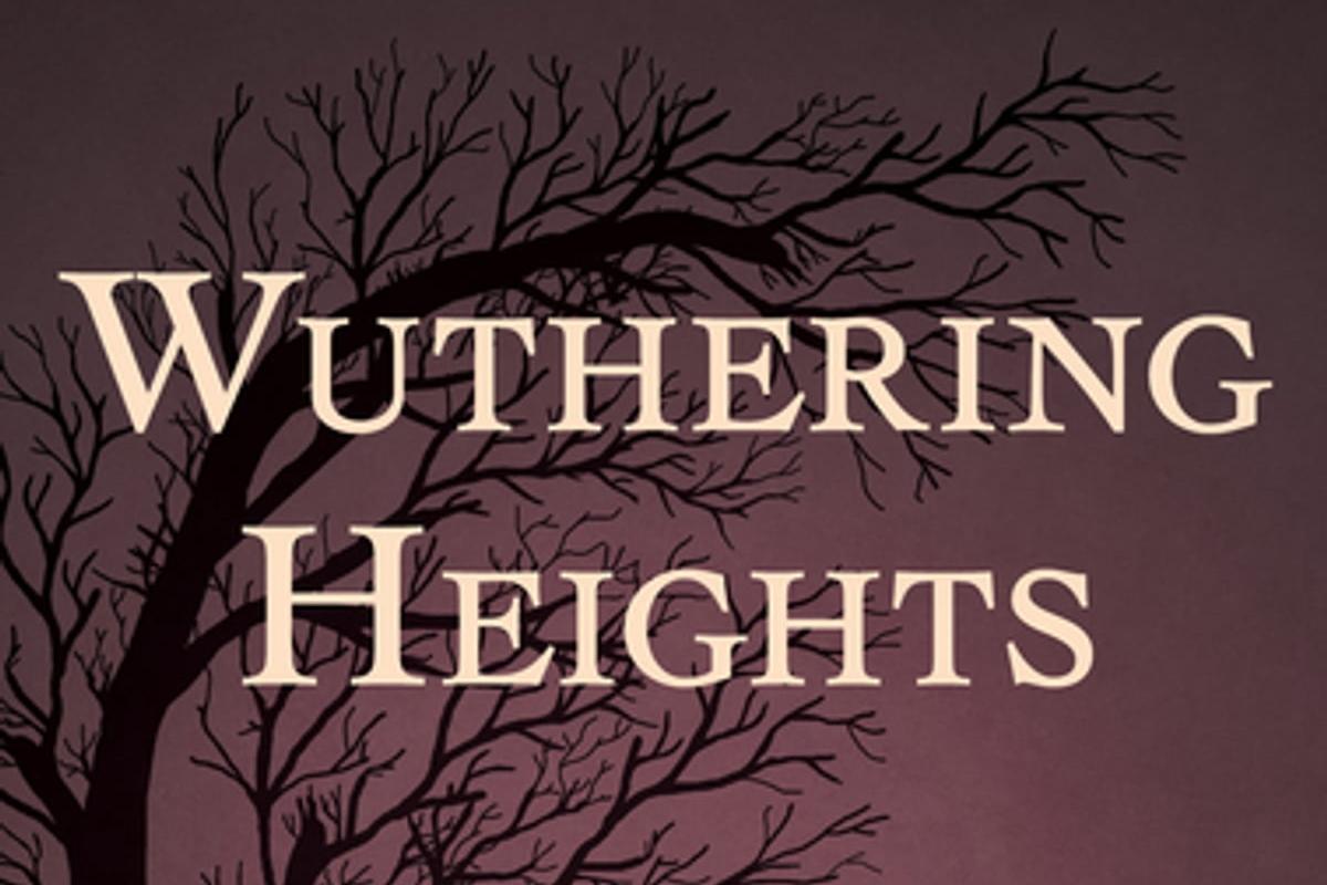 The words 'WUTHERING HEIGHTS' is centered on a magenta background with a shadowy tree behind it