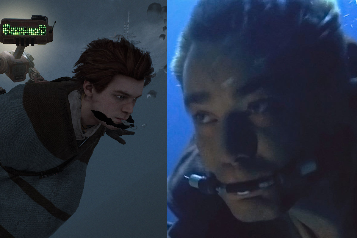 Left: Cal Kestis underwater. Right: Obi-Wan Kenobi under water.
