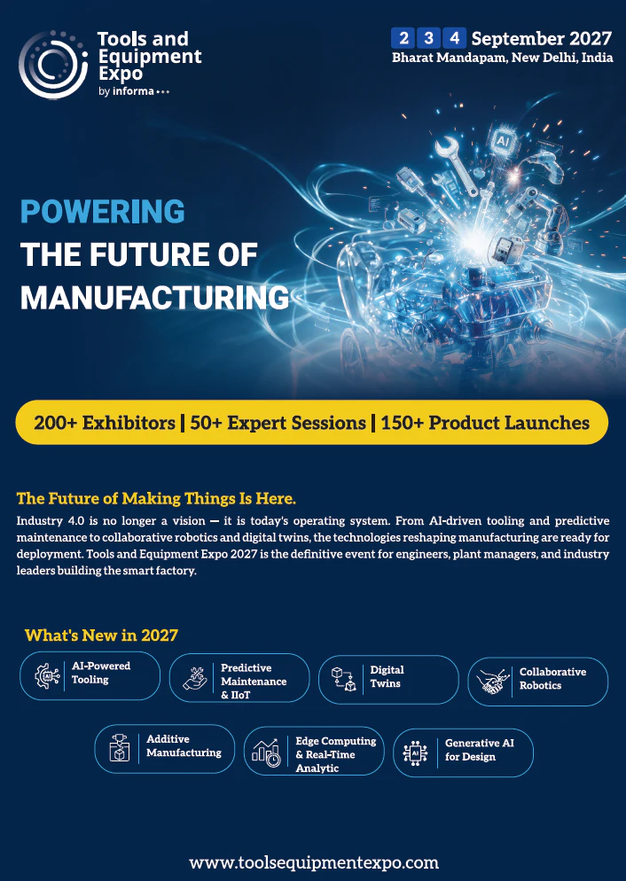 TOOLS & Equipment Expo promotional poster showcasing new technology innovations.