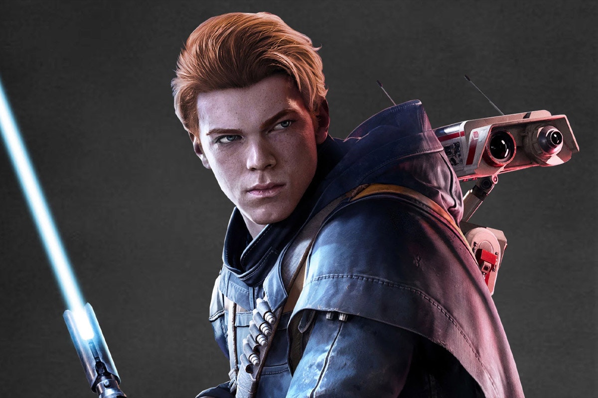 Cal Kestis stands with his blue lightsaber activated and a BD-1 droid on his back