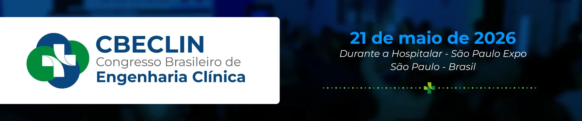Banner horizontal do CBECLIN - Congresso Brasileiro de Engenharia Clínica. À esquerda, em um bloco branco, o logotipo do congresso com uma cruz branca sobre círculos azuis e verdes.