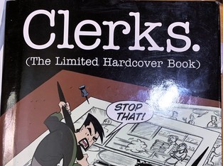 Cover of one the Clerks comics. Caption: Clerks (the limited hardcover book). A miniature man is drawing and yelling at someone else to "Stop that!"