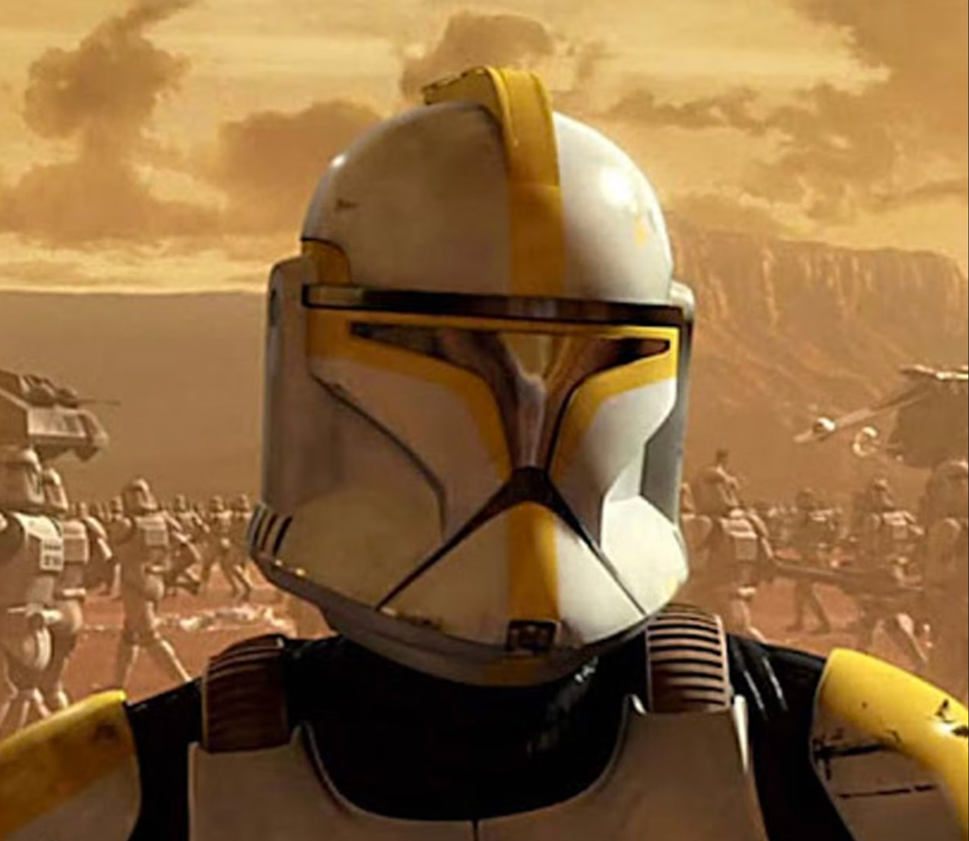A yellow Clone trooper looking at the camera