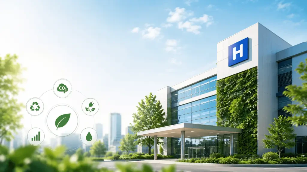 Fachada de hospital moderno com jardim vertical e infográfico de sustentabilidade. A imagem destaca temas de descarbonização hospitalar e infraestrutura verde que serão prioridade no congresso da Hospitalar 2026.