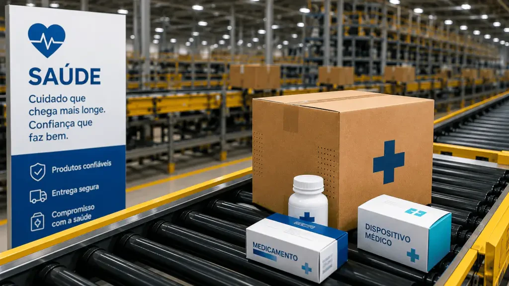 Operação de logística hospitalar com caixas de medicamentos e dispositivos médicos em esteira automatizada. Representação dos debates sobre eficiência e supply chain no setor de saúde para 2026.
