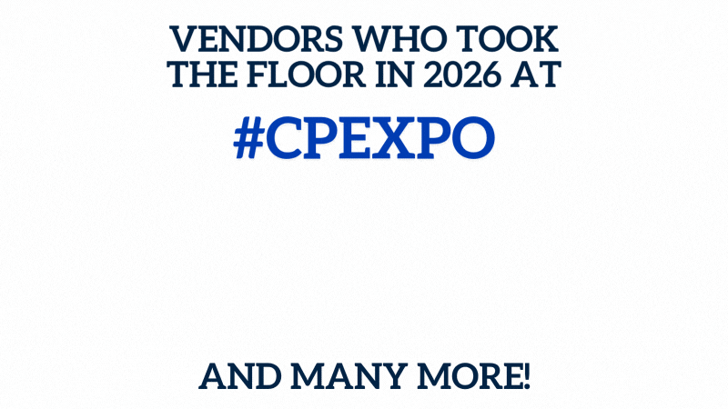 An animated GIF with text that says "Vendors who took the floor in 2025 at #CPExpo" above a series of rotating logos. Below the logos it says "And many more!"