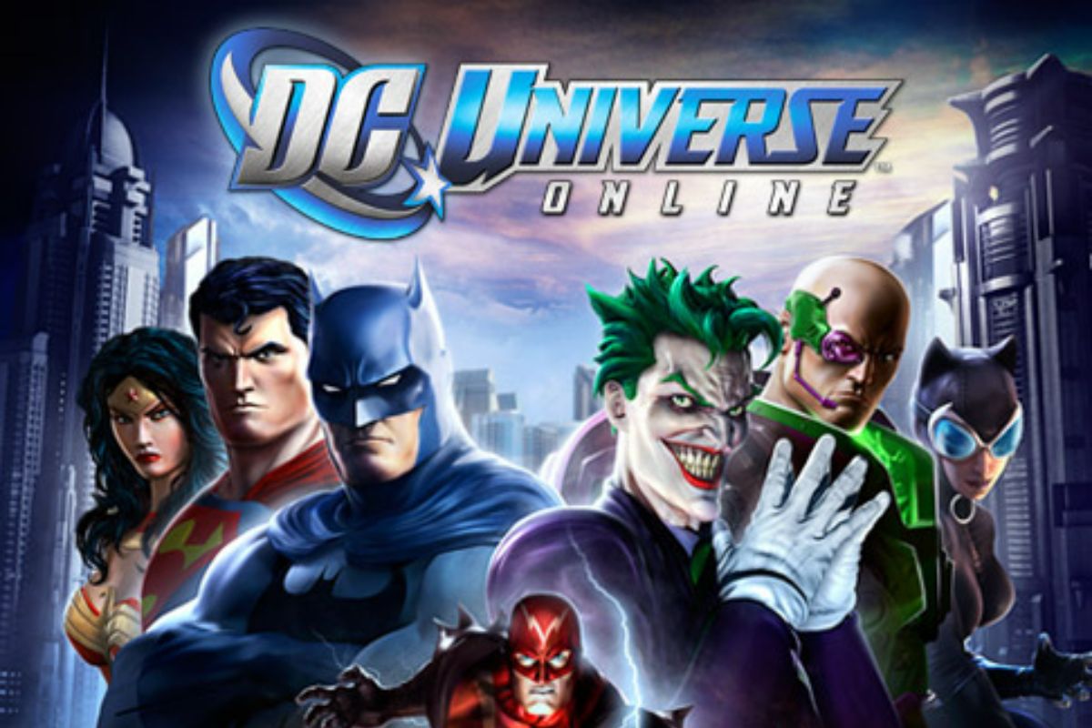 cover of DC Universe Online video game with one side being superheroes and the other the villains of DC