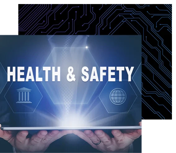 Businessman holding a computer tablet display projecting a Health and Safety