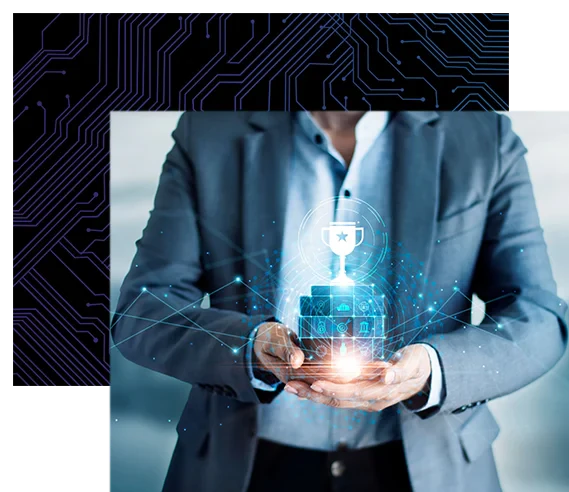 Businessman holding icon of digital marketing and cup of leadership trophy