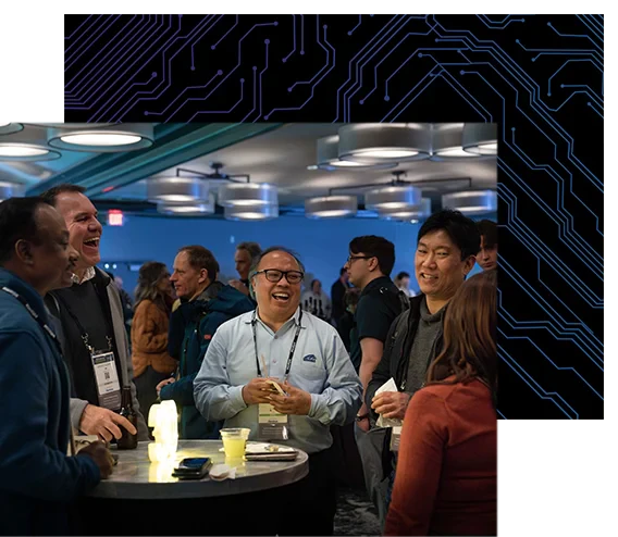 A group of attendees share laughs at DesignCon’s welcome reception.