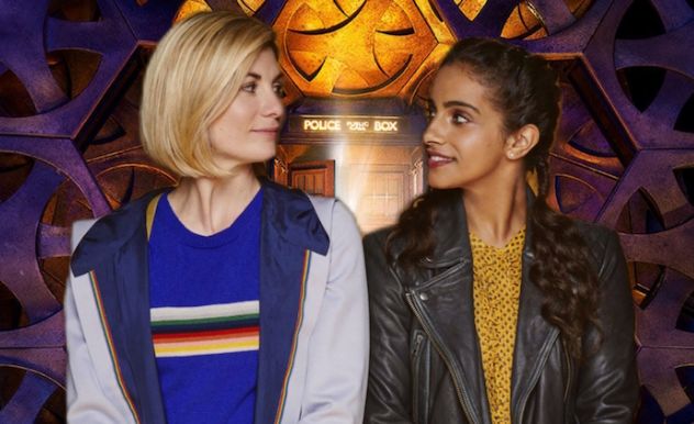 The doctor and companion yaz smile at each other inside the tardis